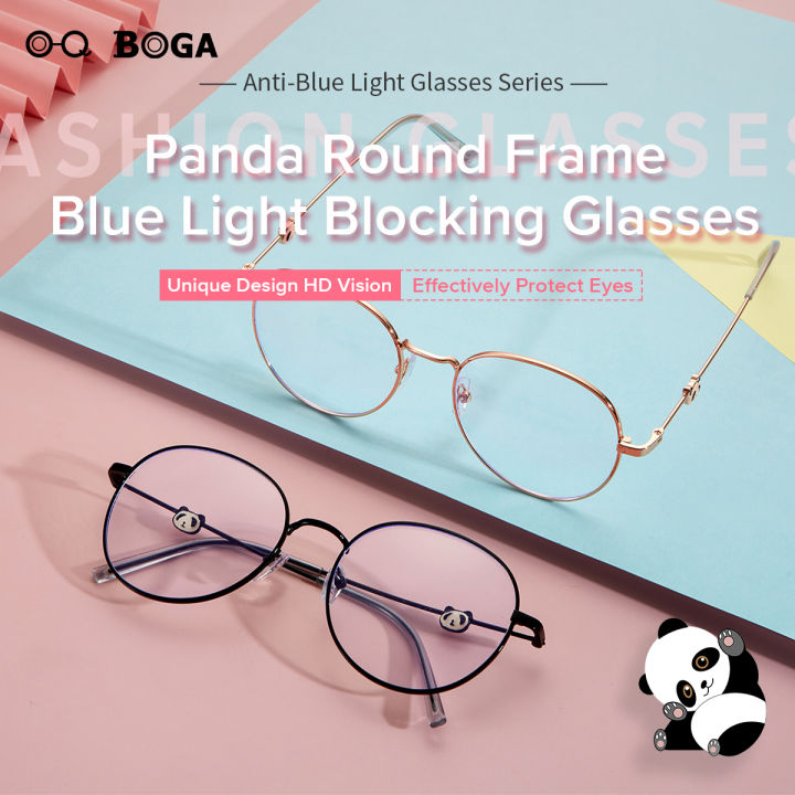 OQ BOGA 3 Styles Unisex Fashion Panda Decoration Anti Blue Light Proof Radiation Metal Oval Frame Computer Glasses Women Men Eye Protection Full Rim Eyewear