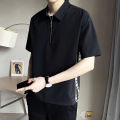 Japanese Style Simple Waffle Solid Color polo Shirt Short Sleeve Boys Niche Design Half Zipper and Lapel Top T-shirt. 