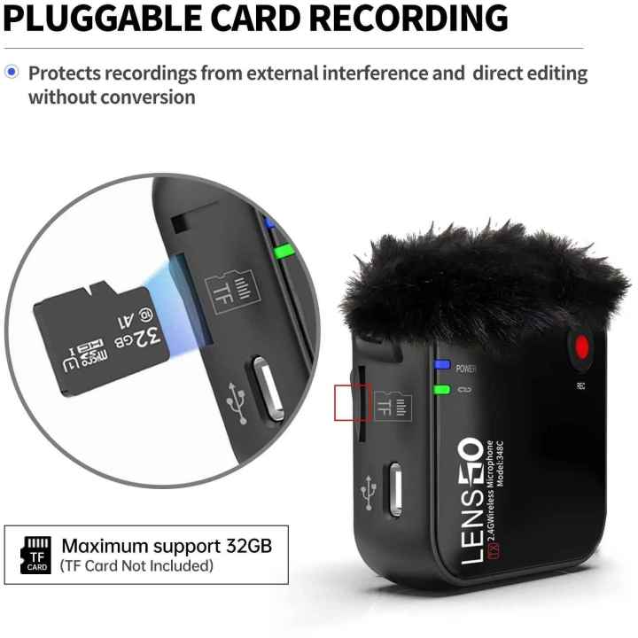 Lensgo348c%20Compact%20Digital%20Wireless%20Lapel%20Microphone%20System/Recorder%20With%20Extra%20Recording%20Button%20With%20Built%20in%20Magnet%20Clip%20(2.4%20GHz,%20Black)%20Camera%20&%20SmartPhone%20-%20Image%203