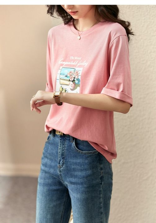 Vimly%20Summer%20T%20Shirt%20Loose%20Casual%20Tees%20Aesthetic%20Vintage%20100%25%20Cotton%20Pink%20O%20Neck%20Printing%20Short%20Sleeve%20Tops%20Women%20Clothes%20V6110%20-%20Image%202