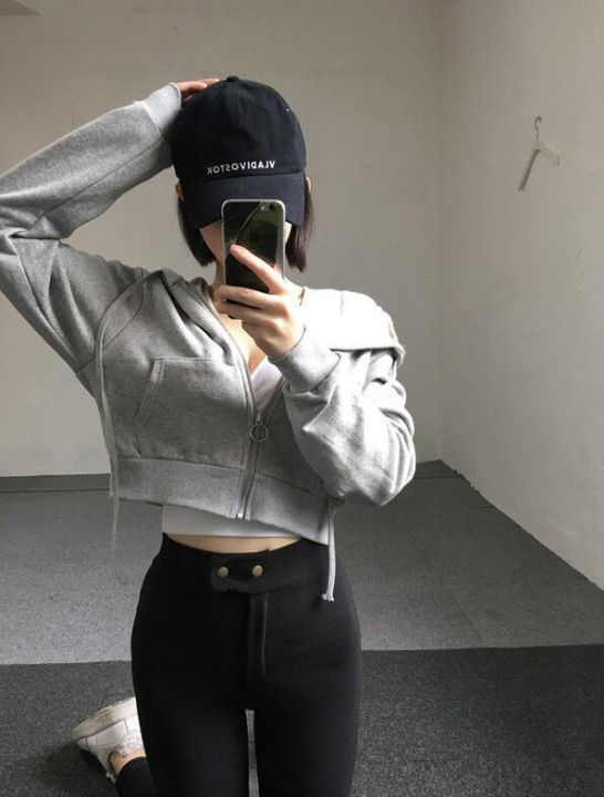 Spring%20and%20Autumn%20New%20Cardigan%20Cropped%20Top%20Korean%20Version%20Hooded%20Sweatshirt%20Women's%20Thin%20Solid%20Color%20Student%20Zipper%20Small%20Jacket%20Looks%20Thin%20-%20Image%204