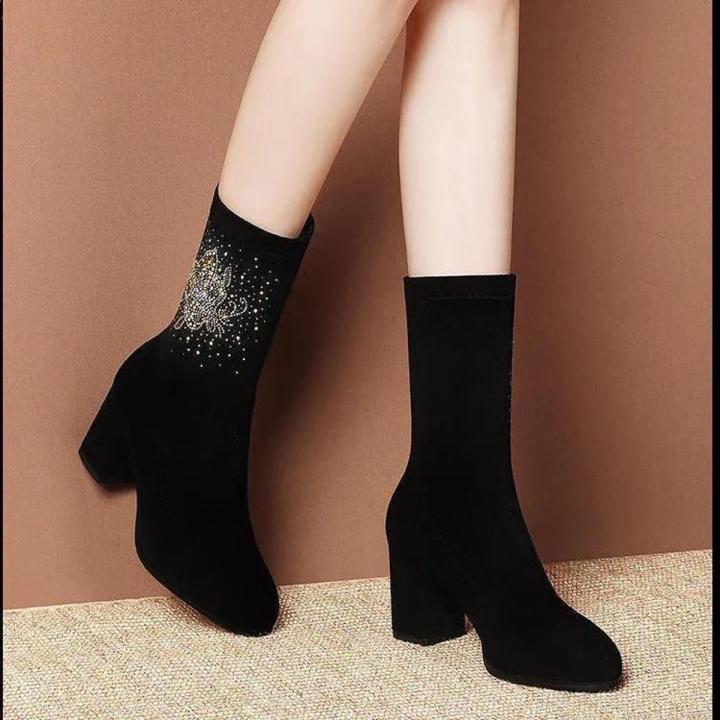 Stretch Boots Women2022New Thick Heel Fleece-Lined Ankle Boots Middle Boots Suede Rhinestones High Heel Skinny Small Man Socks Boots