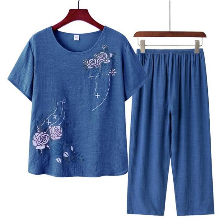 Middle-Aged and Elderly Women's ClothingTSummer Imitation Cotton and Linen Mother's Clothes Two-Piece Suit Mother-in-Law60Years Old70GrandmaTT-shirt Pants