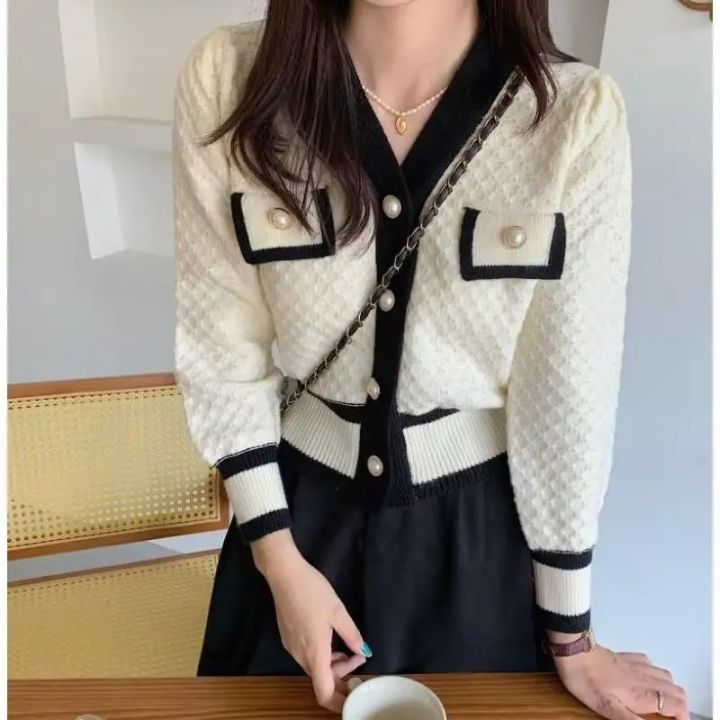 Cardigan%20Sweater%20Women's%202023%20Spring%20and%20Autumn%20New%20Style%20Small%20Fragrant%20V-neck%20Coat%20Short%20Western-style%20Bottom%20Shirt%20Top%20-%20Image%202