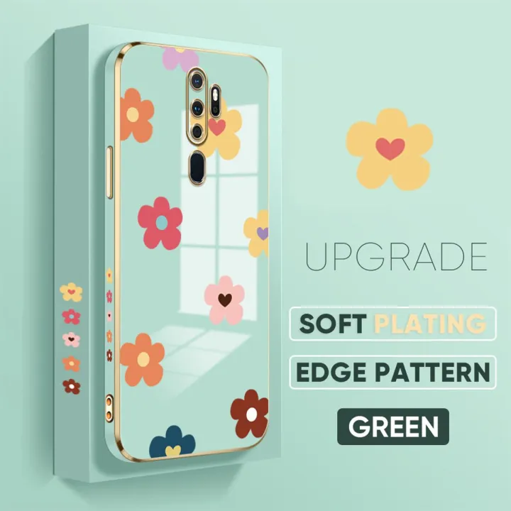TA for OPPO A9 2020 A5 2020 Back Cover + Free Lanyard Falling Flowers Luxury 6D Plating Case Side Pattern Soft Silicone Square Phone Cases