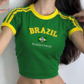 Y2k Women T-shirt Summer Embroidery Brazil Alphabet Print Harajuku Letter Fashion Crop Top Short Sleeve Clothes.