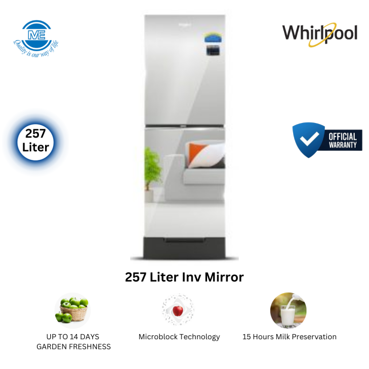 WHIRLPOOL 257 Liter Premium Mirror Glass Design Energy Saving Refrigerator FreshMagic Pro GD Inv Mirror With Free Delivery and Official Warranty