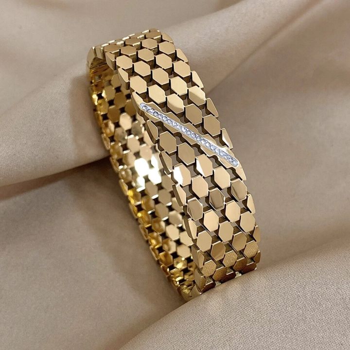 Greatera Chunky Inlaid Rhinestone Geometric Wide Stainless Steel Bangles Bracelets for Women Gold Color Charm Waterproof Jewelry