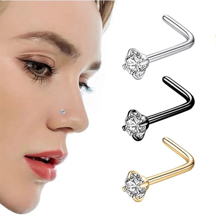 1PC Fashion Stainless Steel L Shape Crystal Nose Septum Piercing - Main Image