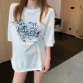 Korean Style Loose 2023 Spring New Heart Printing Lower Body Covering T T-shirt Women's Design Sense Niche Short Sleeve Trendy plus Size.