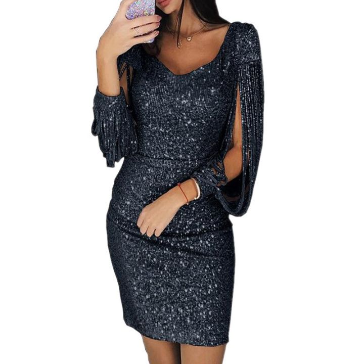 Women%20Dresses%20Europe%20and%20The%20United%20States%20New%20Women's%20V-neck%20Nightclub%20Party%20Fringe%20Bag%20Hip%20Dress%20-%20Image%202