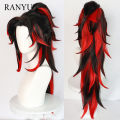 RANYU Synthetic Women and Men Tsugikuni Yoriichi Wigs Long Black Red Mix Anime Cosplay Hair Heat Resistant Wig for Party.
