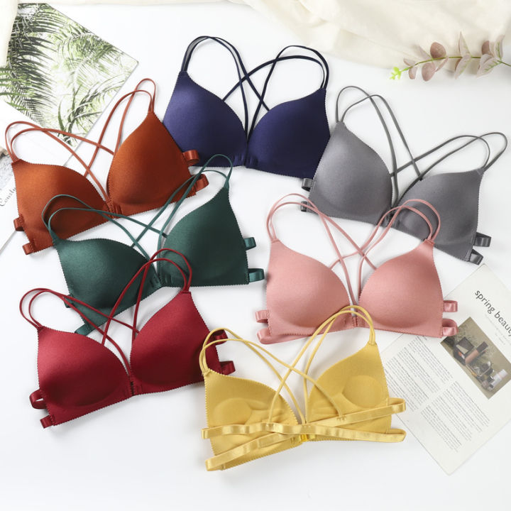 Front Buckle Korean Style Girls' Clothing All-Match Beauty Back Cross Spaghetti Strap Early High School Student Underwear Push up Small Size Bra