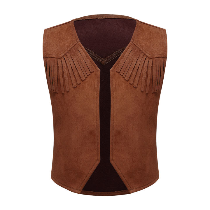 Kids Boys Western Cowboy Vest Brown Suede Leather Fringed Hem Jacket for Halloween Carnival Party Cosplay Costumes Cowboy Jacket