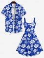 Plus Size Matching Hawaii Beach Outfit For Couples Flower Coconut Leaves Printed Cinched Dress and Buttons Pocket Shirt.