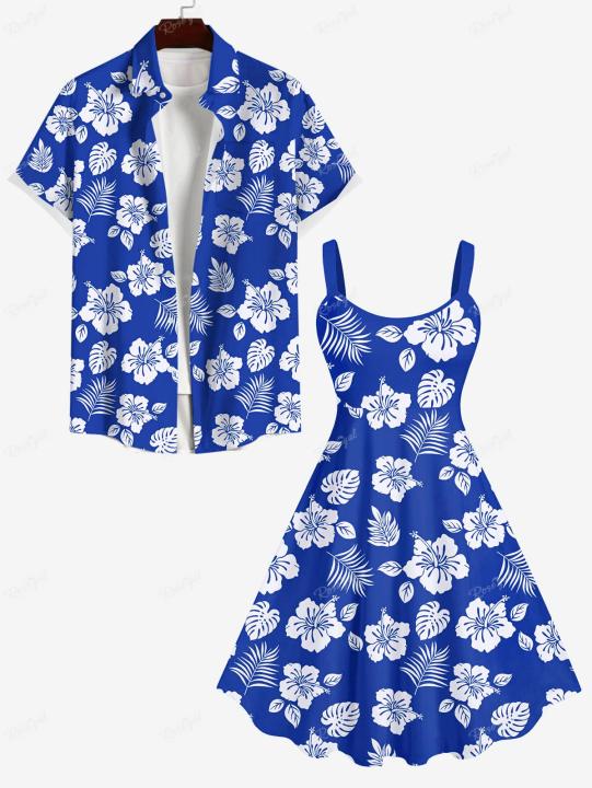 Plus%20Size%20Matching%20Hawaii%20Beach%20Outfit%20For%20Couples%20Flower%20Coconut%20Leaves%20Printed%20Cinched%20Dress%20and%20Buttons%20Pocket%20Shirt%20-%20Image%205