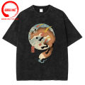 Fire cartoon fox Japanese print men T-shirt Kawaii Cute clothing Harajuku casual men's shirt male vintage washed cotton t shirts.