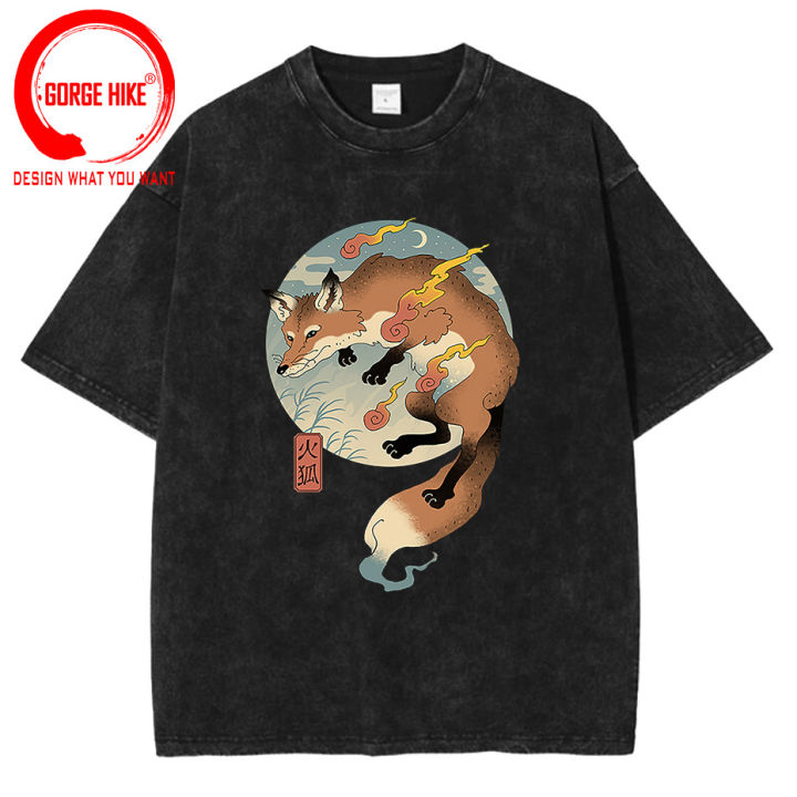 Fire cartoon fox Japanese print men T-shirt Kawaii Cute clothing Harajuku casual men's shirt male vintage washed cotton t shirts