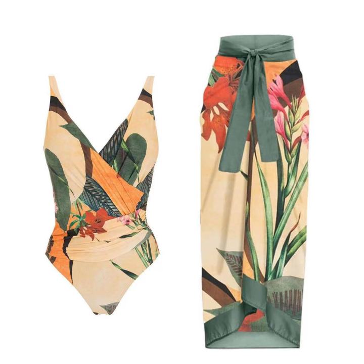 Sexy Swimsuit Women Conservative Cover Belly Lace Up Swimsuit Spring Chiffon Beach Skirt Set main image 0