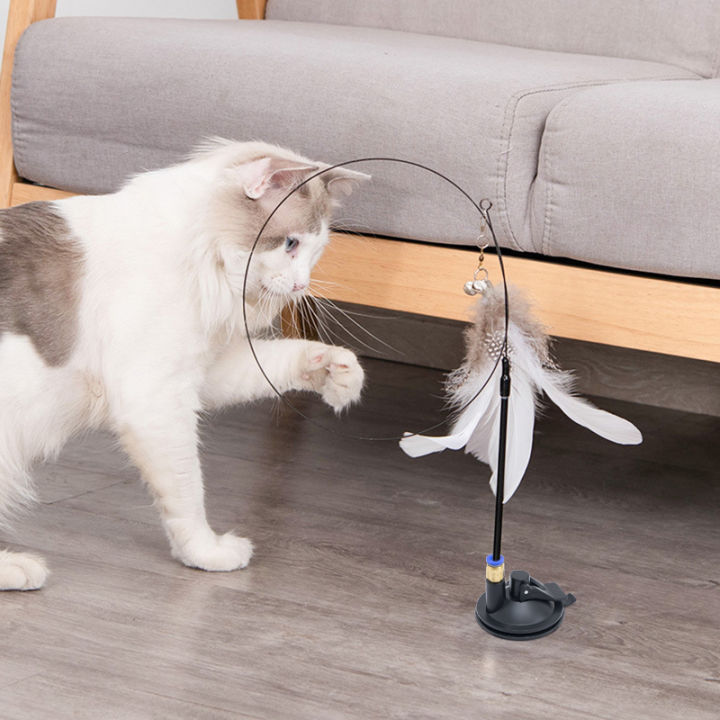 Interactive Cat Toy Funny Cat Stick Toy Playing Teaser Wand with Suction Cup Simulation Feather with Bell Self-hi Cat Toys