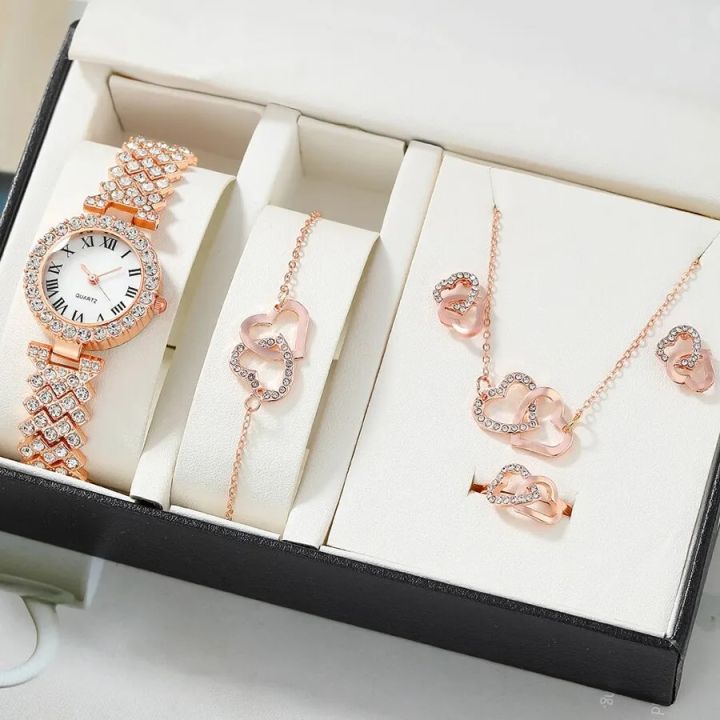 Elegant%20Ladies'%20Watch%20Set%20with%206pc%20Dainty%20Quartz%20Watch%20Heart%20Jewelry%20Set%20Rhinestone%20Double%20Heart%20Necklace%20Bracelet%20Earrings%20Ring%20-%20Image%203