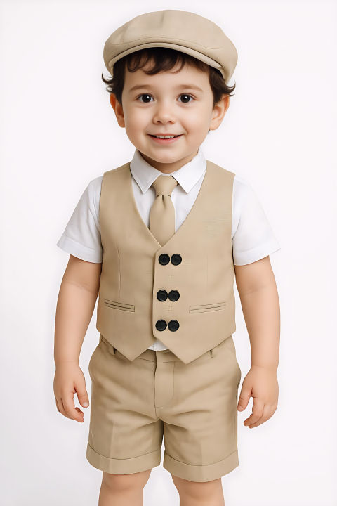 Summer friendly most demanding 5 piece party dress set for kids with half sleeve shirt , half pant , vest and bow tie
