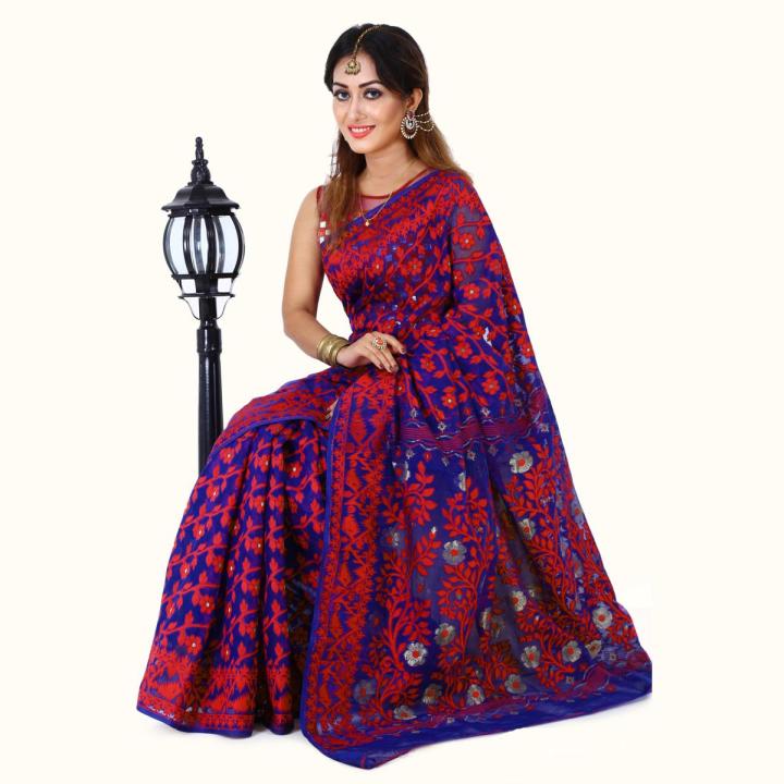 Tangail Tat - Captivating designs with exclusive blue & red silk Jamdani Sharee for women - Enchanting and sophisticated Shari