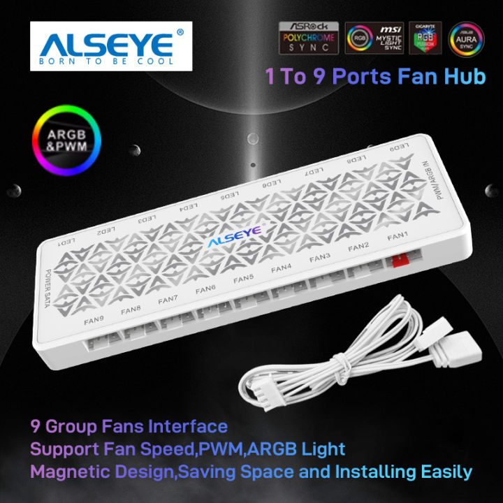 ALSEYE 5V 3pin Fan Hub ARGB PWM 4pin 1 To 9 Ports Splitter SATA Power Magnetic Suction ARGB Fan Controller for PC Case