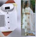 Couple set skin print three piece & embroidery panjabi for women & men. 