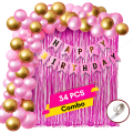 Happy Birthday Decorations Pink Combo Set - Metallic Balloons, Birthday Banner, Foil Curtain, and Glue Dot Roll - 34 Pieces of Party Perfection. 