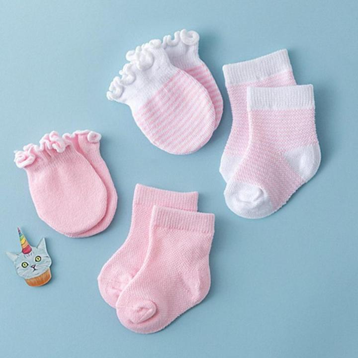 4Pairs/Lot Lace Ruffles Baby Socks Gloves Set Breathable Cotton Infant Socks Anti Scratch Newborn Protection Face Mittens Socks