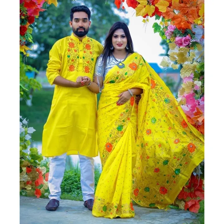 Screen%20Print%20Saree%20and%20Dhupian%20Block%20Print%20Punjabi%20(Sari%20and%20Punjabi)%20for%20Combo%20Couples%20Set%20-%20Image%202