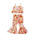 Toddler Kid Girl Clothes Set Letter/Butterfly Floral Printed Sling Buttons Ruffle Hem Tank Tops with Elastic Waist Flared Pants. 