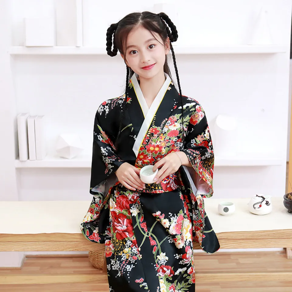 Children Kimono Robe Vivid Color Japanese Traditional Dress With