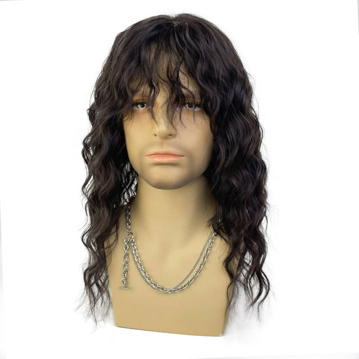 Synthetic Black Long Hair Wig For Men Rock And Roll Hair Good Quality Natural Water Wavy Curly With Bangs Male Wig