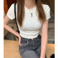 Korean Style Solid Color T T-shirt Women's White T-shirt Shory Style Tight Hot Girl Top Summer New Slim Fit Shoulder T-shirt 2023. 