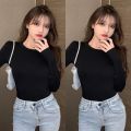 New Fleece-Lined Black Long Sleeve T T-shirt Women's Autumn and Winter Inner Bottoming Shirt Women's Thickened Warm Slim-Fit Figure Flattering Top. 
