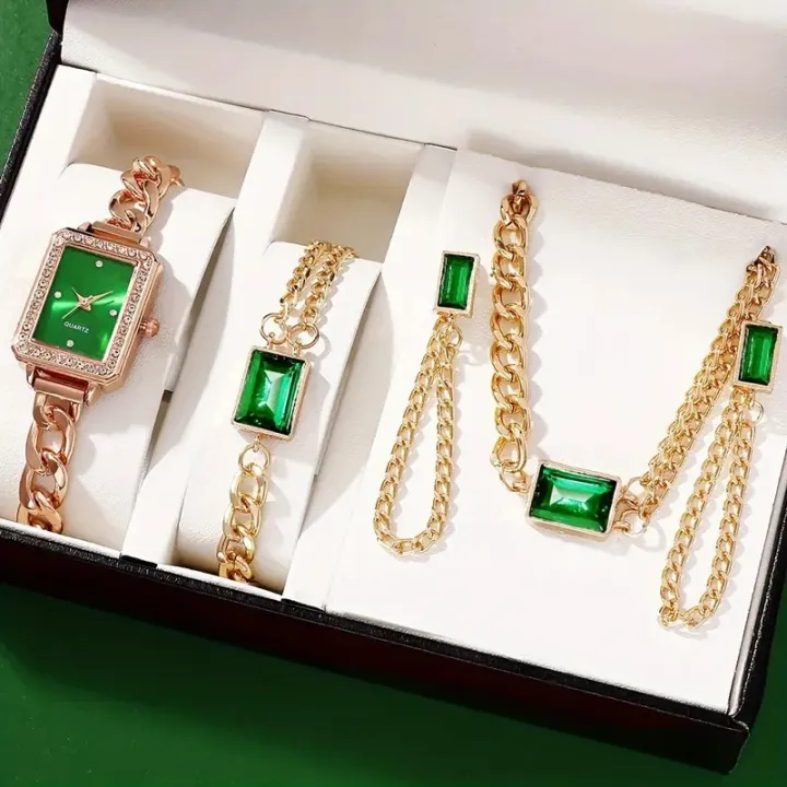 Complete%20Your%20Look%20with%20This%205-Piece%20Fashion%20Set:%20Women's%20Square%20Dial%20Watch%20with%20Matching%20Emerald%20Accessories%20-%20Image%202
