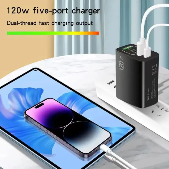 120W%203PD%20Ports%20+2USB%20Ports%20Mobile%20Phone%20Charger%20Multi%20Port%20Fast%20Charging%20USB%20C%20Charger%20US/UK/EU%20Plug%20For%20Samsung%20IPhone%20Charger%20-%20Image%202