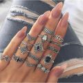 15-Piece Set Retro Silver Open Ring with Gemstones - Jewelry Collection. 