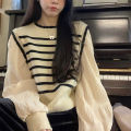 Early Autumn Long Sleeve Stitching Design Striped Sweater Inner Wearing Women's Clothing 2023 New French Style Sweater Top. 