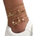 European and American stacking style fashion imitation pearl set anklets beach style star tassel pineapple pendant anklets 5 pieces. 