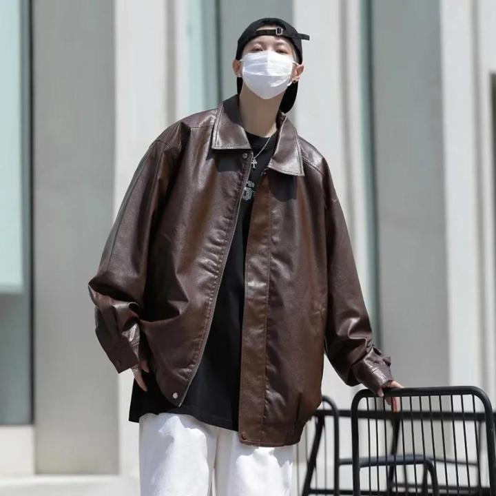 Hong Kong Style Leather Jacket Men Loose Fitting Men's Clothing Trendy Brand PU with Lapel Collar Coats Spring Autumn Seasons