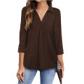 Womens relax wear Collared V Neck 3/4 Sleeve Shirts Business Casual Tops Loose Fit Work Blouses. 