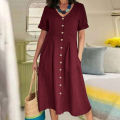 Women’s qualityful Solid Color Loose Short Sleeve Mid-long A-line Dresses V-neck Button Breasted Female Dress.