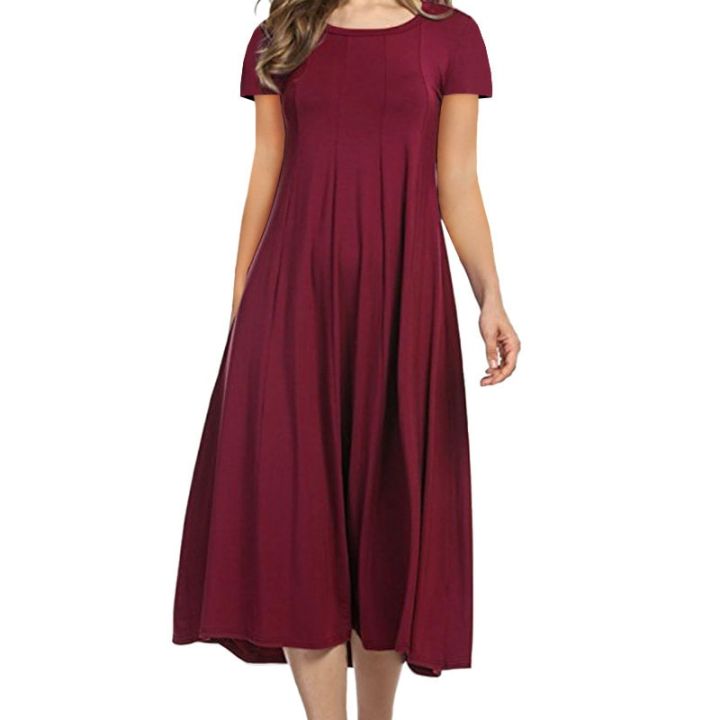 2022%20Four%20Seasons%20Women's%20New%20Round%20Neck%20Short%20Sleeve%20Solid%20Color%20Swing%20Dress%20Fashion%20Solid%20Color%20Dress%20-%20Image%205