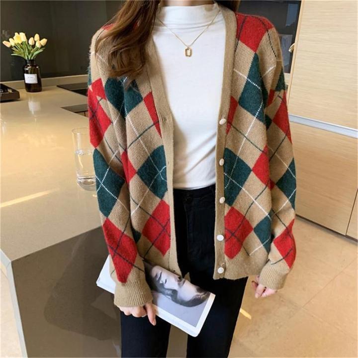 2021%20Early%20Autumn%20New%20Color-Blocking%20Diamond-Shaped%20Top%20V%20Collar%20Sweater%20Loose%20Knitted%20Winter%20Coat%20Women's%20Cardigan%20-%20Image%202