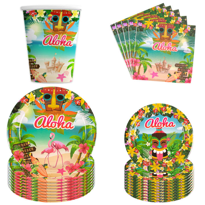 Hawaiian Party Disposable Tableware Tropical Aloha Party Decor Flowers Flamingo Paper Plate Cup Napkin Wedding Birthday Decor