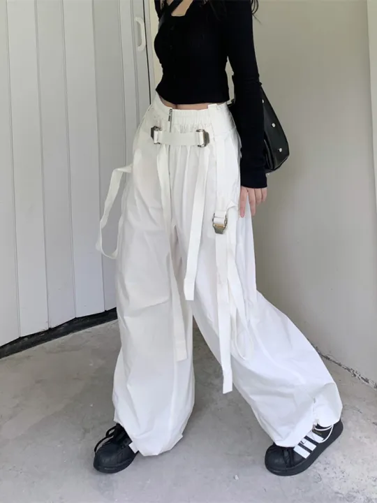 American%20White%20Spicy%20Girl%20Workwear%20Pants%20Women'S%20Design%20Sense%20Drawstring%20Pockets%20Loose%20Fitting%20Wide%20Leg%20Casual%20Pants%20-%20Image%203
