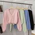 Y2k Women Cardigan Sweater Knitted Cropped Korean Short Long sleeve Crop Top V neck Fashion Clothe.